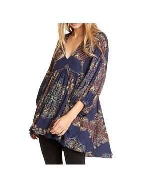 Free People Navy Boho Tunic Paisley Print Ballon 3/4 Sleeves V-Neckline Size M